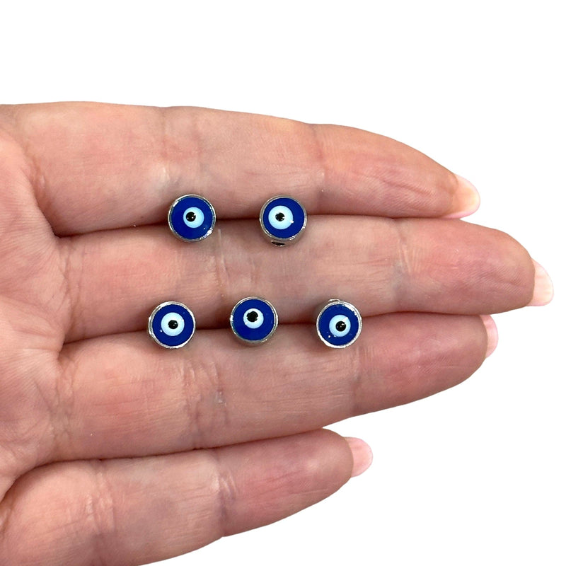 7mm Silver Plated Evil Eye Beads, 7mm Silver Plated Evil Eye Spacers, 5 Pcs in a Pack