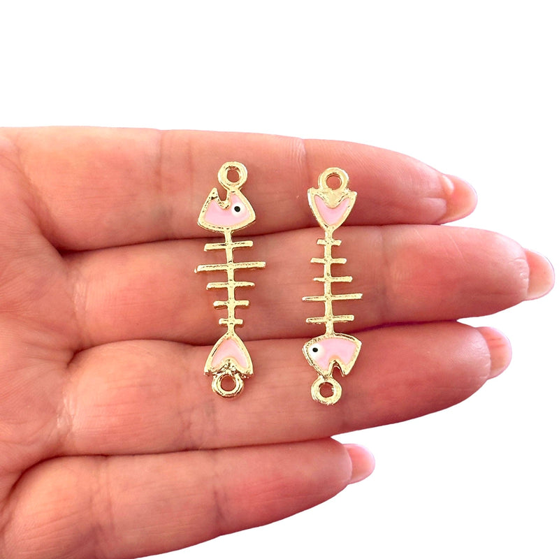 24Kt Gold Plated Pink Enamelled Fishbone Connector Charms, 2 pcs in a pack