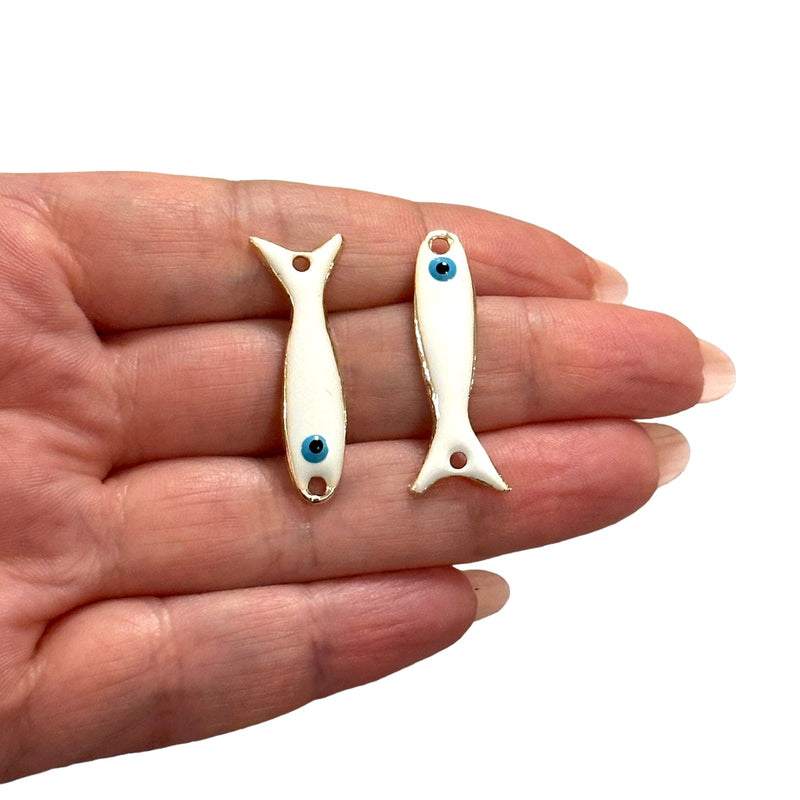 24Kt Gold Plated White Enamelled Fish Connector Charms, 2 pcs in a pack