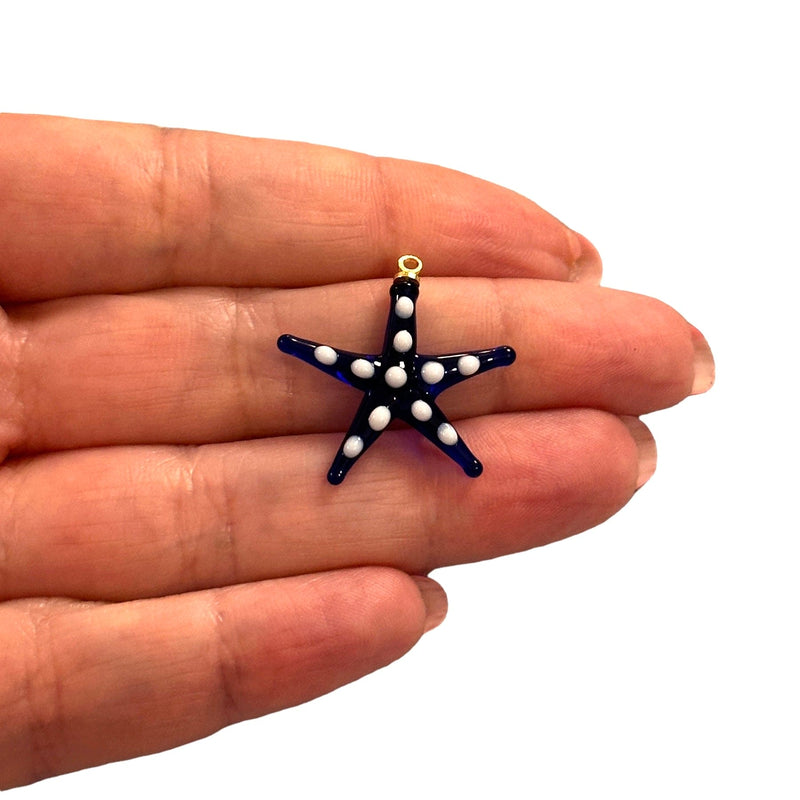 Hand Made Murano Glass Navy Starfish Charm with 24Kt Gold Plated Pin