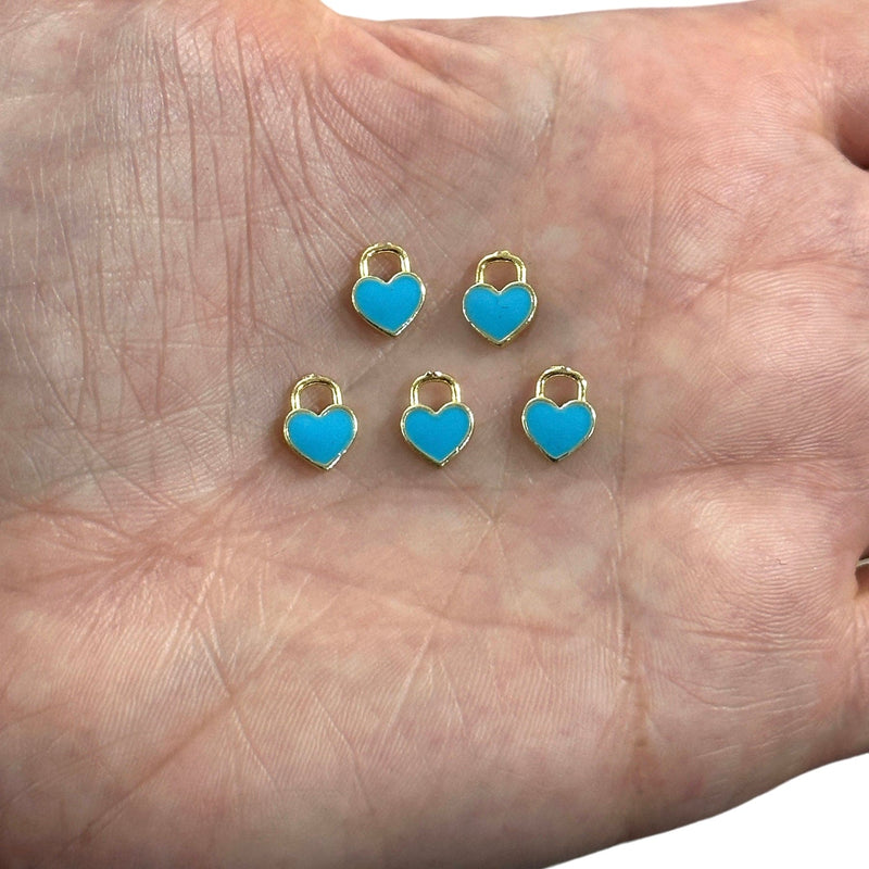 24Kt Gold Plated Brass Heart Charms, Gold Plated Heart Sky Blue Enamelled Charms, 5 pcs in a pack