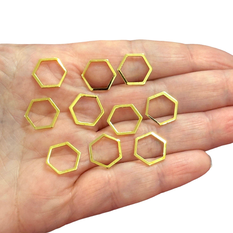 Charmes hexagonaux plaqués or 24 carats 14x12 mm, charmes de connecteur hexagonaux en or, 10 pièces dans un paquet