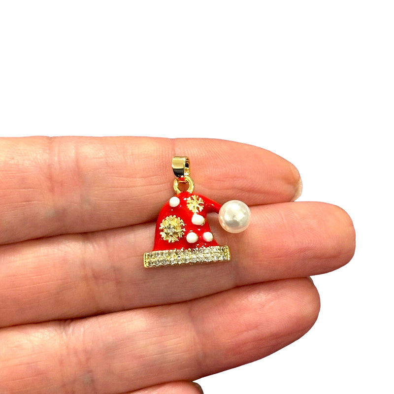 Santa Hat Charm, Gold Plated&Enamelled CZ Micro Pave and Pearly Pom Pom and Gold Bail