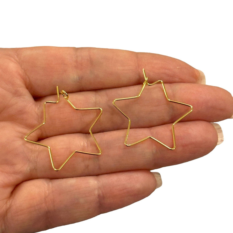 6 Pcs, 24Kt Gold Plated Star Earring Hoops, 27mm,  Earring Blanks,