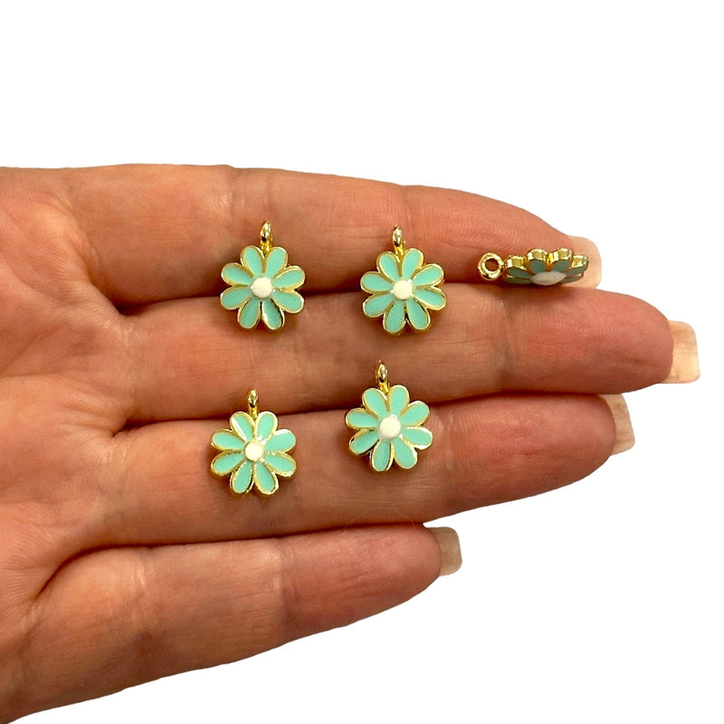 24Kt Gold Plated Mint Enamelled Daisy Charms, 5 pcs in a pack