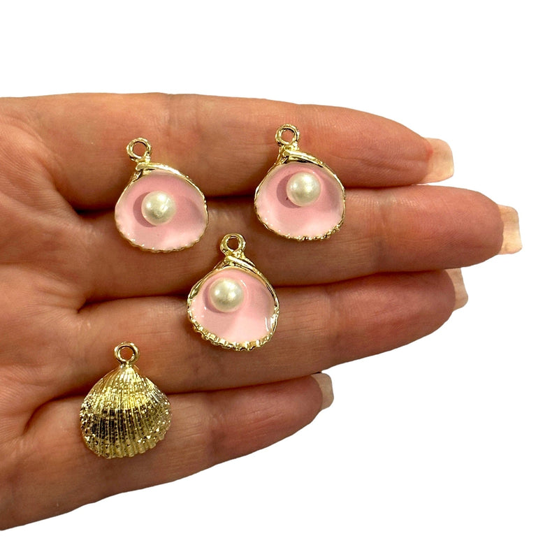24Kt Gold Plated Pink Enamelled Oyster Charms With Pearl, 4 pcs in a pack