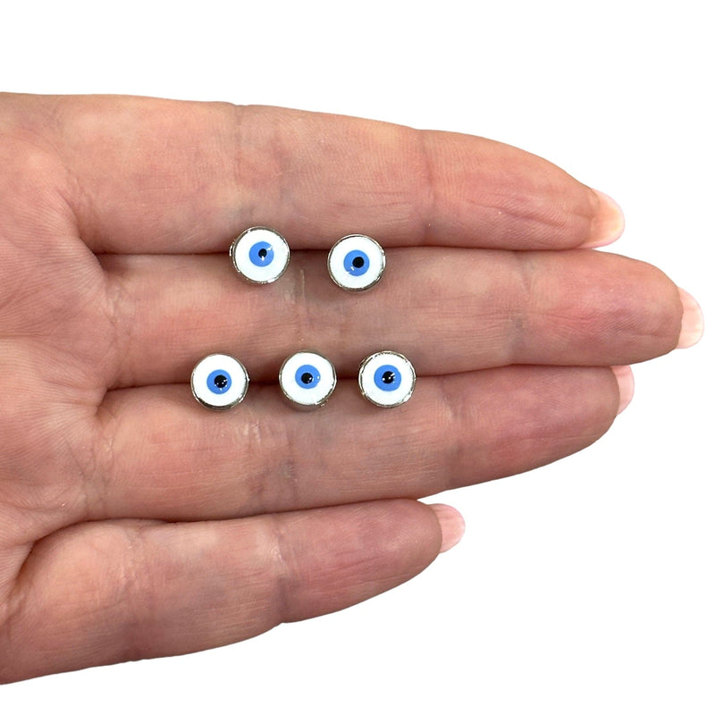 7mm Silver Plated Evil Eye Beads, 7mm Silver Plated Evil Eye Spacers, 5 Pcs in a Pack