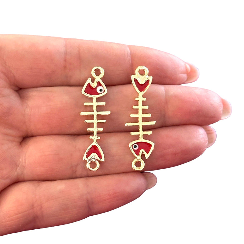 24Kt Gold Plated Red Enamelled Fishbone Connector Charms, 2 pcs in a pack
