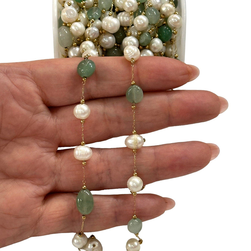 Freshwater Pearl&Aventurine Rosary Chain, 24Kt Gold Plated Rosary Chain,