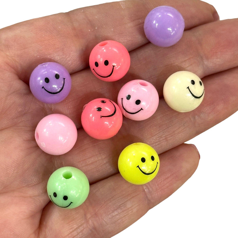 Acrylic Smiley Face Beads, 12mm Acrylic Round Beads, Assorted 50 Gr Pack, Approx 60 Beads in a Pack