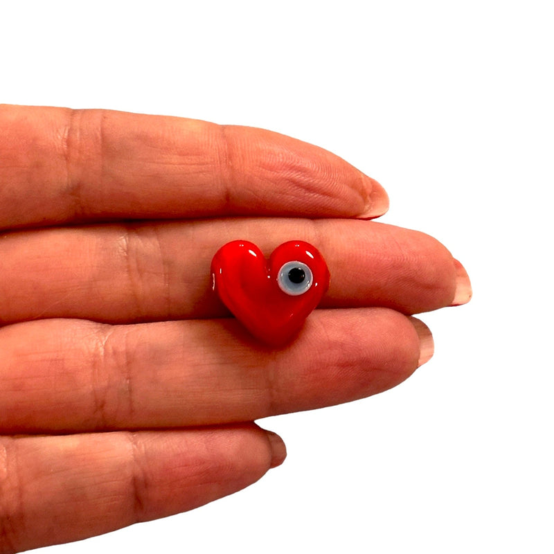 Hand Made Murano Glass Heart With Evil Eye Charm, Horizontal Hole Red Heart Charms