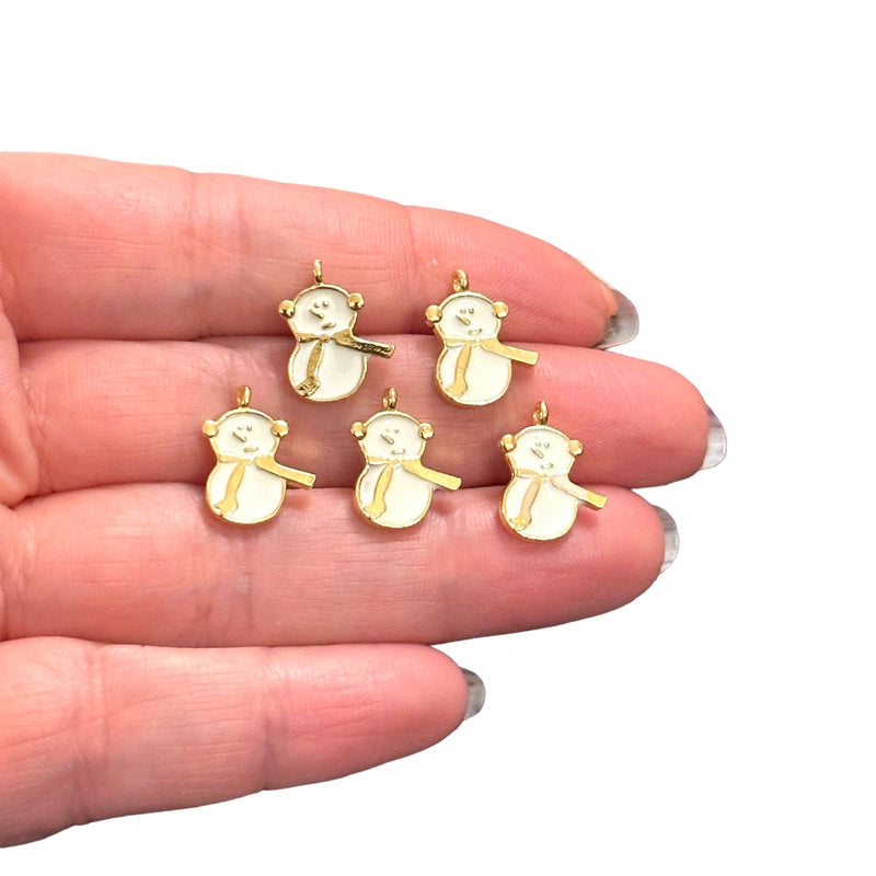 Christmas Snowman Charms, 24Kt Gold Plated White Enamelled Snowman Charms, 5 pcs in a pack