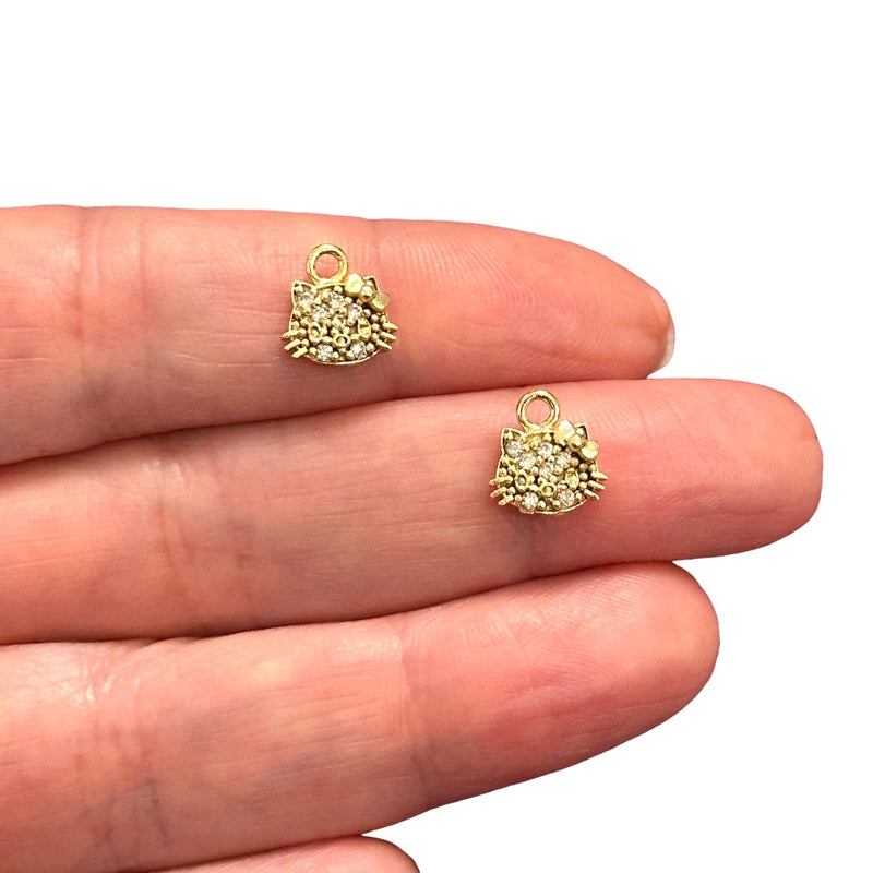 24Kt Gold Plated CZ Micro Pave Cat Charms, 2 pcs in a pack