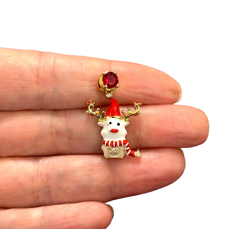 Reindeer Charm, Gold Plated&Enamelled CZ Micro Pave and Ruby CZ Gold Bail