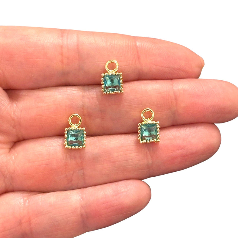 24Kt Gold Plated Square Aquamarine CZ Charms, 3 pcs in a pack