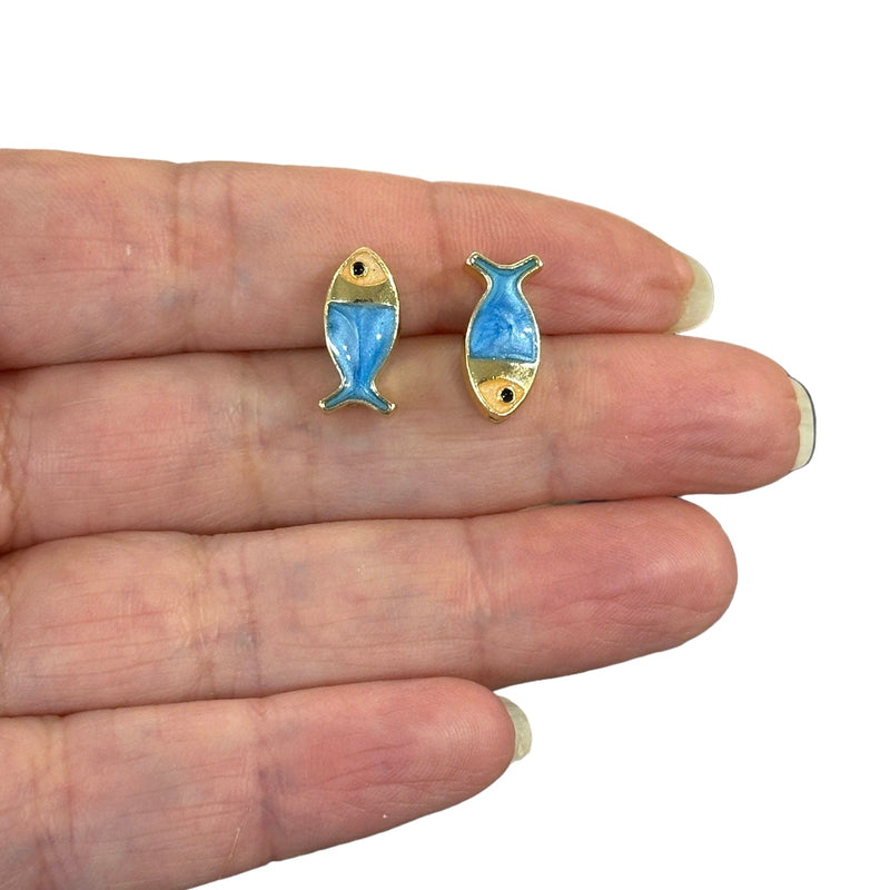 24Kt Gold Plated Double Side Blue Enamelled Fish Spacer Charms