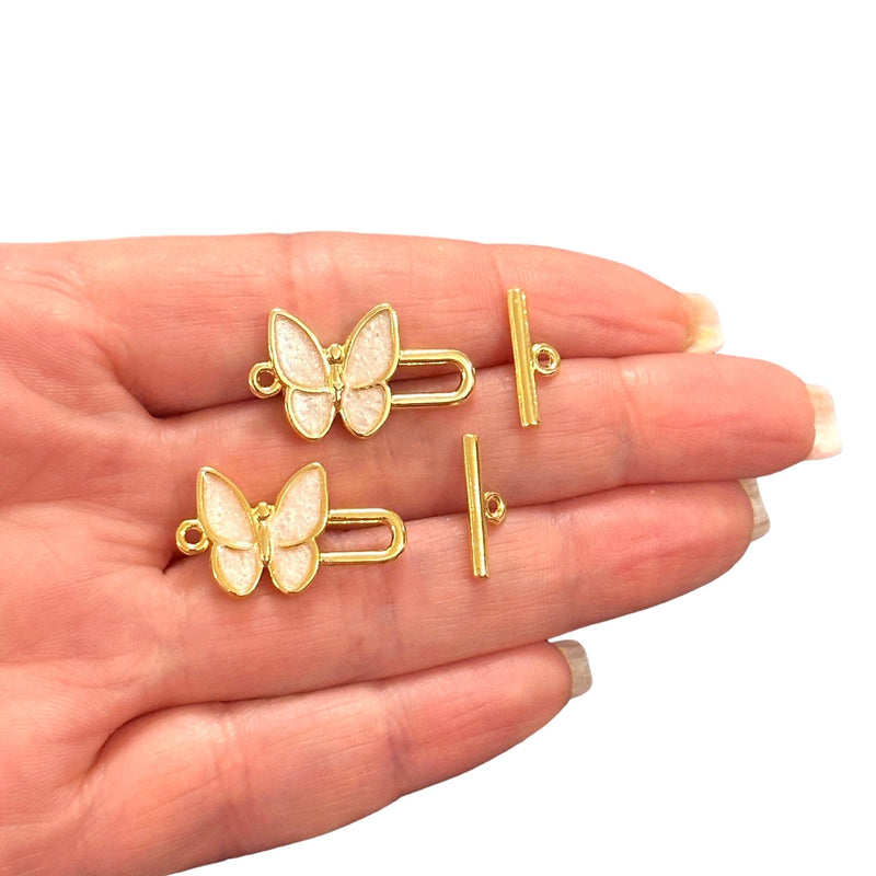 2 Sets 24Kt Shiny Gold Plated Ivory Enamelled Toggle Clasps,