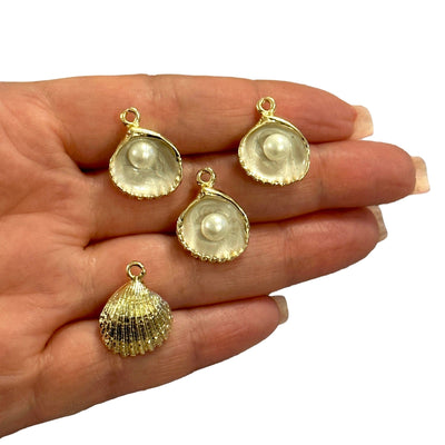 Charmes d'huîtres émaillées blanches plaquées or 24 carats avec perle, 3 pièces dans un paquet