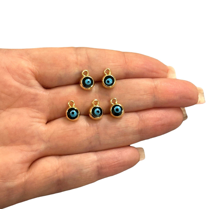 24Kt Gold Plated Double Side Black Enamelled Evil Eye Charms, 5 pcs in a pack