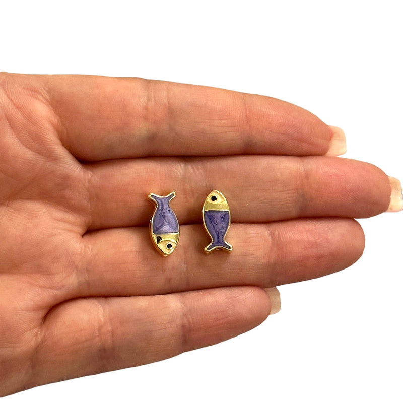 24Kt Gold Plated Double Side Lilac Enamelled Fish Spacer Charms