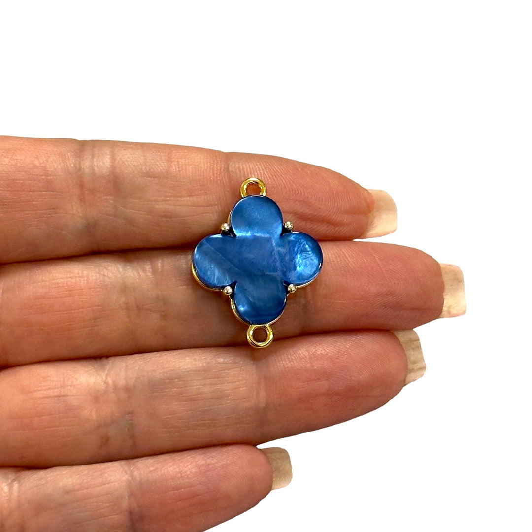 24Kt Gold Plated Brass&amp;Hand Made Resin Navy Clover Double Loop Connector Charm