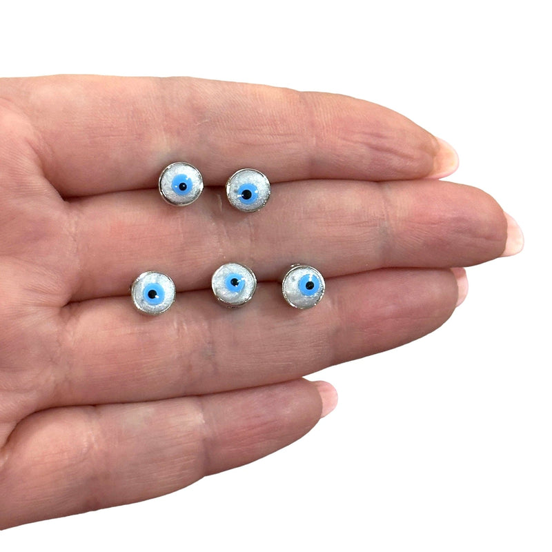7mm Silver Plated Evil Eye Beads, 7mm Silver Plated Evil Eye Spacers, 5 Pcs in a Pack