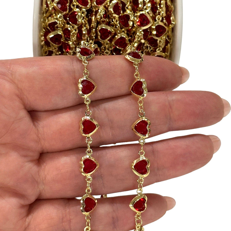 Ruby Heart Rosary Chain, 18Kt Gold Plated Rosary Chain,
