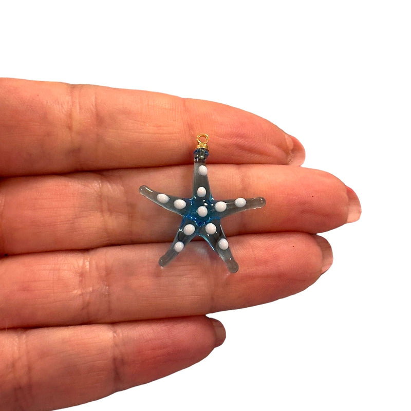 Hand Made Murano Glass Blue Starfish Charm with 24Kt Gold Plated Pin