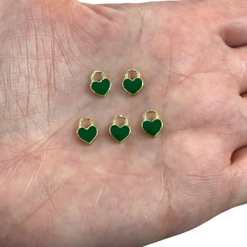 24Kt Gold Plated Brass Heart Charms, Gold Plated Heart Green Enamelled Charms, 5 pcs in a pack