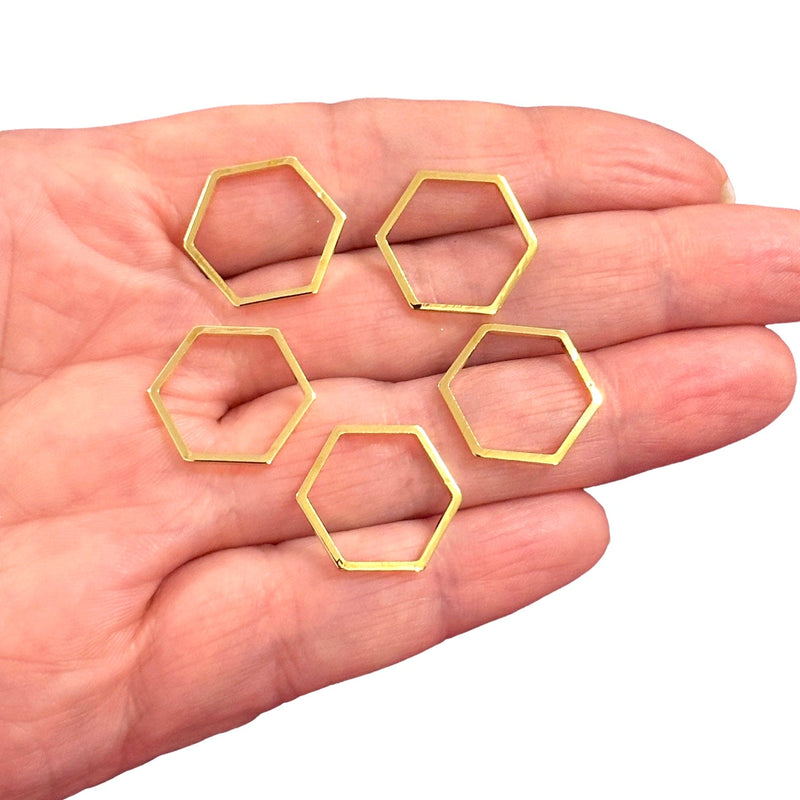 Charmes hexagonaux plaqués or 24 carats 18x16 mm, charmes de connecteur hexagone en or, 5 pièces dans un paquet