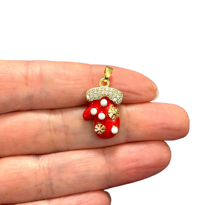 Xmas Glove Charm, Gold Plated&Enamelled CZ Micro Pave and Gold Bail