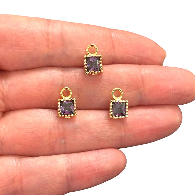 24Kt Gold Plated Square Amethyst CZ Charms, 3 pcs in a pack