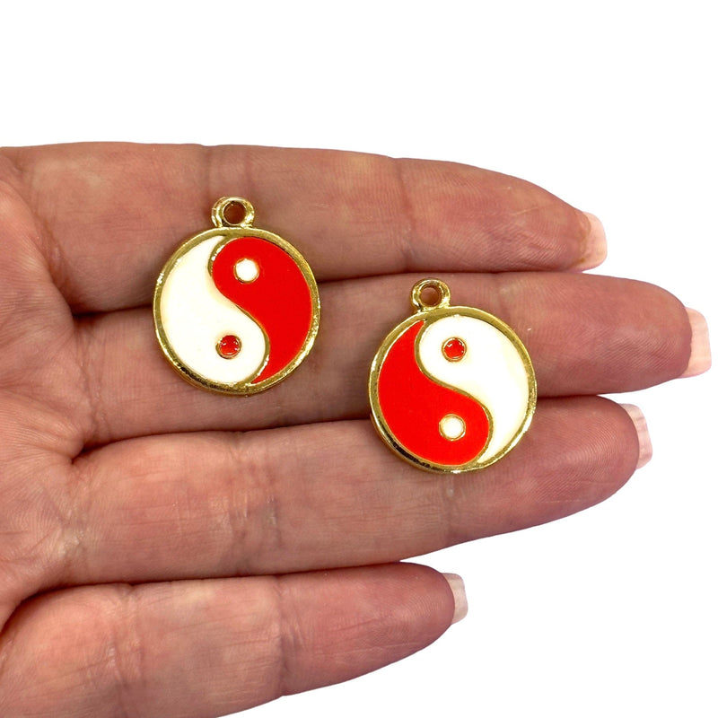 24Kt Gold Plated Orange Enamelled Yin Yang Charms, 2 Pcs in a pack