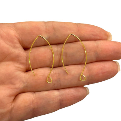 6 Pcs, 24Kt Gold Plated Marquise Earring Wires, Drop Earring Hoops, 35mm, Earring Blanks,