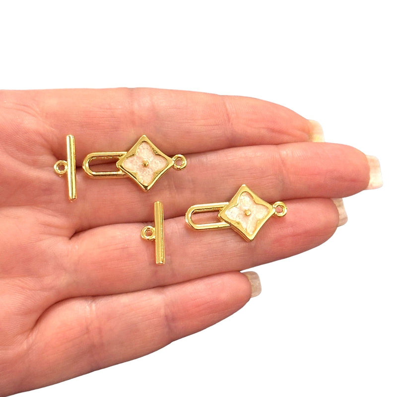 2 Sets 24Kt Shiny Gold Plated Ivory Enamelled Toggle Clasps,