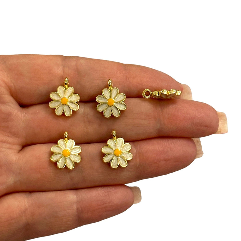 24Kt Gold Plated Ivory Enamelled Daisy Charms, 5 pcs in a pack