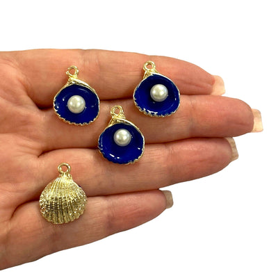 24Kt Gold Plated Navy Enamelled Oyster Charms With Pearl, 4 pcs in a pack