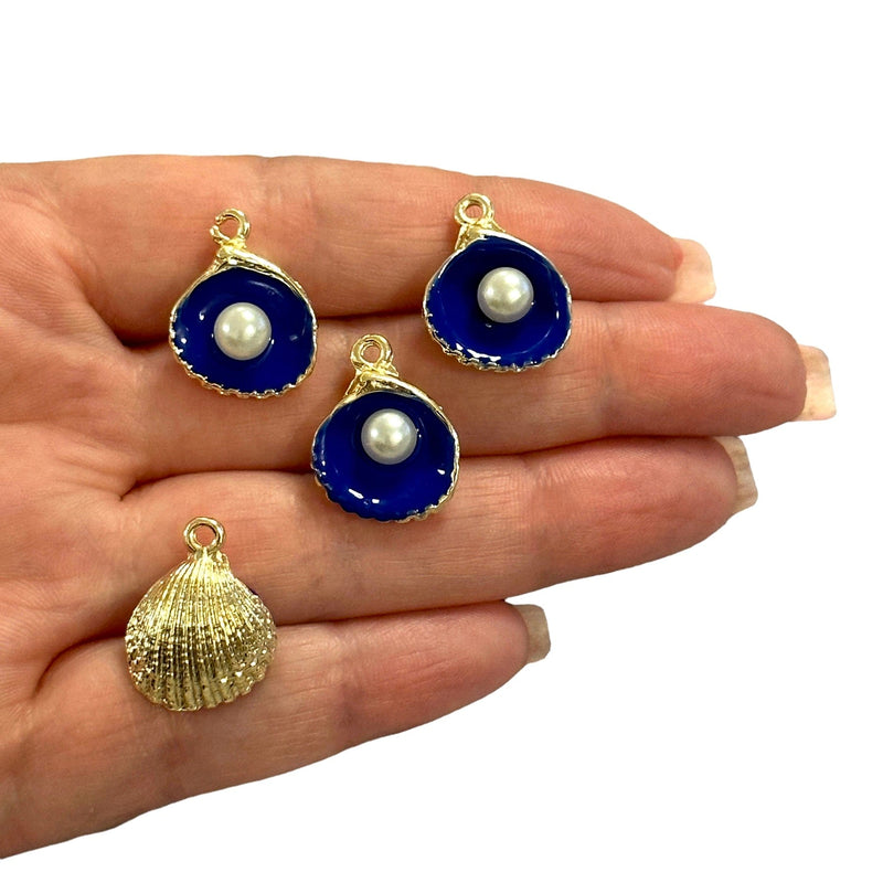 24Kt Gold Plated Navy Enamelled Oyster Charms With Pearl, 4 pcs in a pack