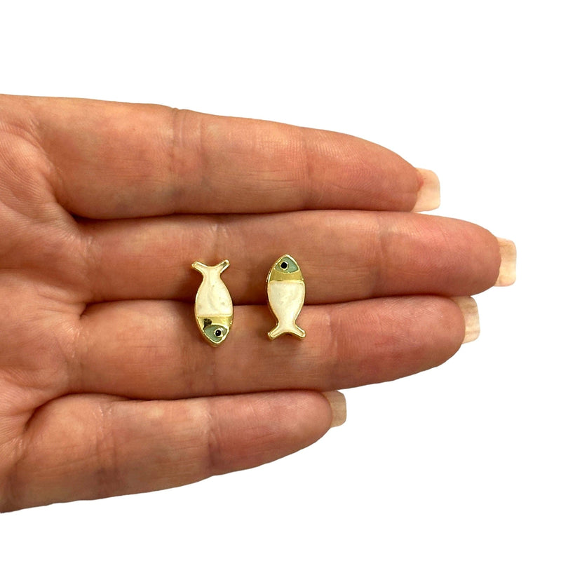 24Kt Gold Plated Double Side Ivory Enamelled Fish Spacer Charms
