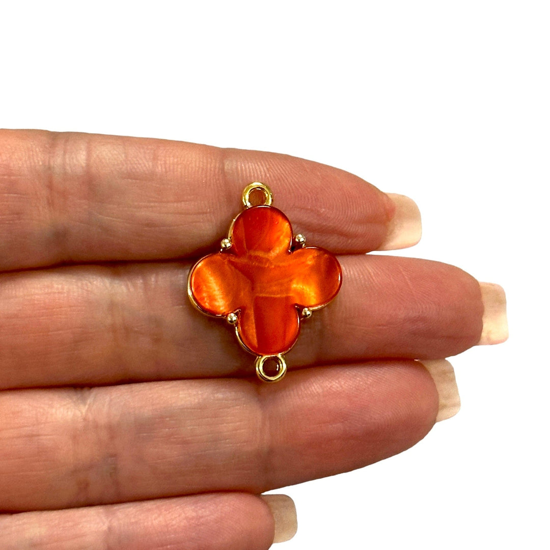 24Kt Gold Plated Brass&amp;Hand Made Resin Red Clover Double Loop Connector Charm