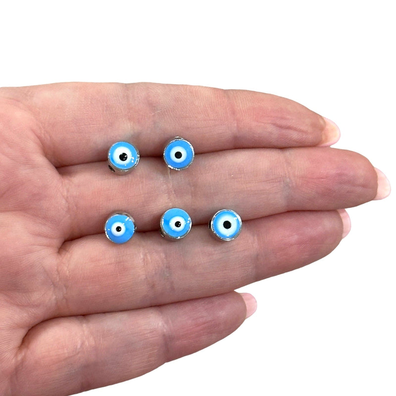 7mm Silver Plated Evil Eye Beads, 7mm Silver Plated Evil Eye Spacers, 5 Pcs in a Pack