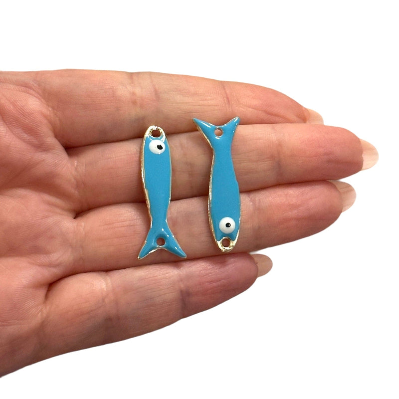 24Kt Gold Plated Blue Enamelled Fish Connector Charms, 2 pcs in a pack