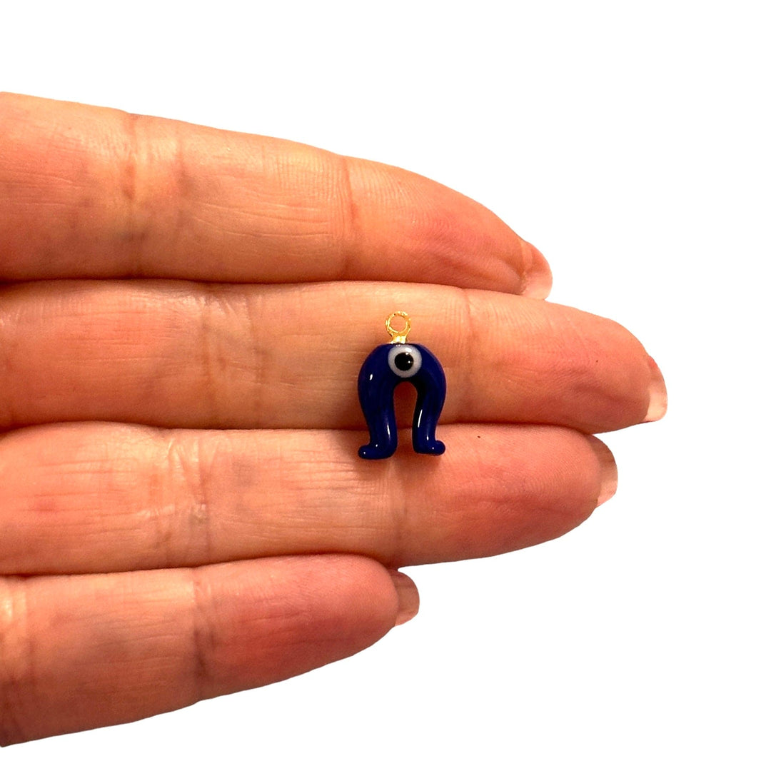 Hand Made Murano Glass Navy Horseshoe Evil Eye Charm with 24Kt Gold Plated Pin