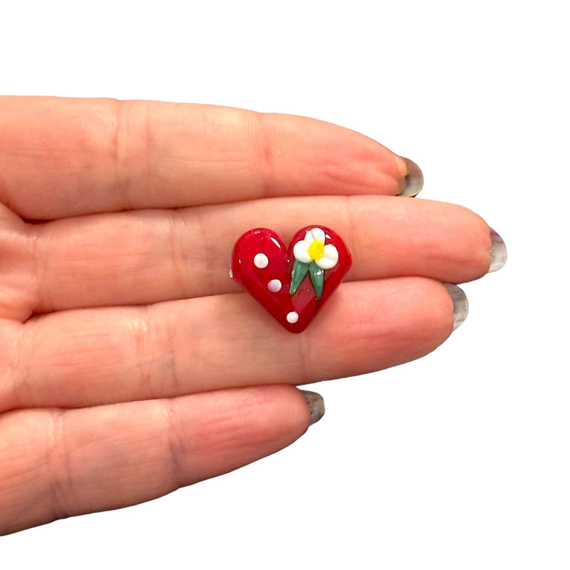 Xmas Heart Hand Made Murano Glass Charm, Horizontal Hole Xmas Heart Charm