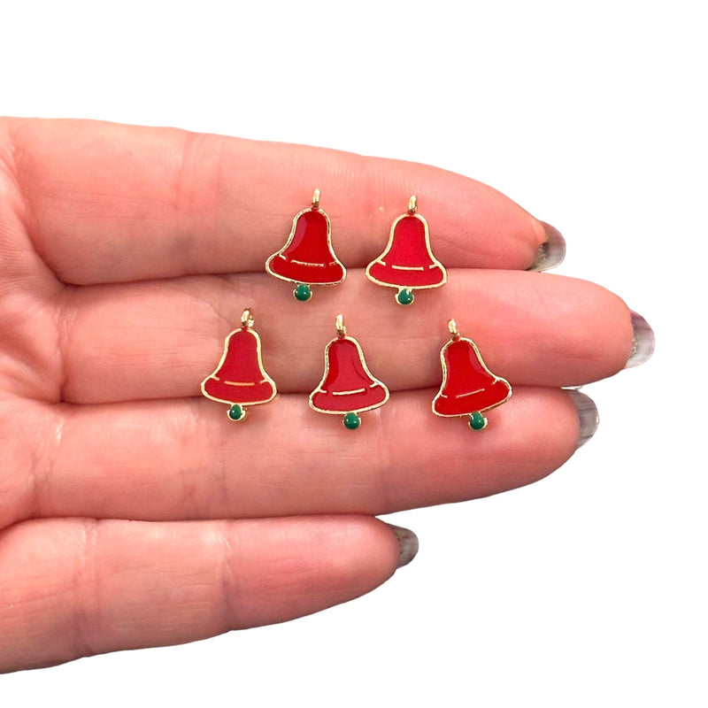 Red Christmas Bells Charms, 24Kt Gold Plated Red Enamelled Xmas Bell Charms, 5 pcs in a pack
