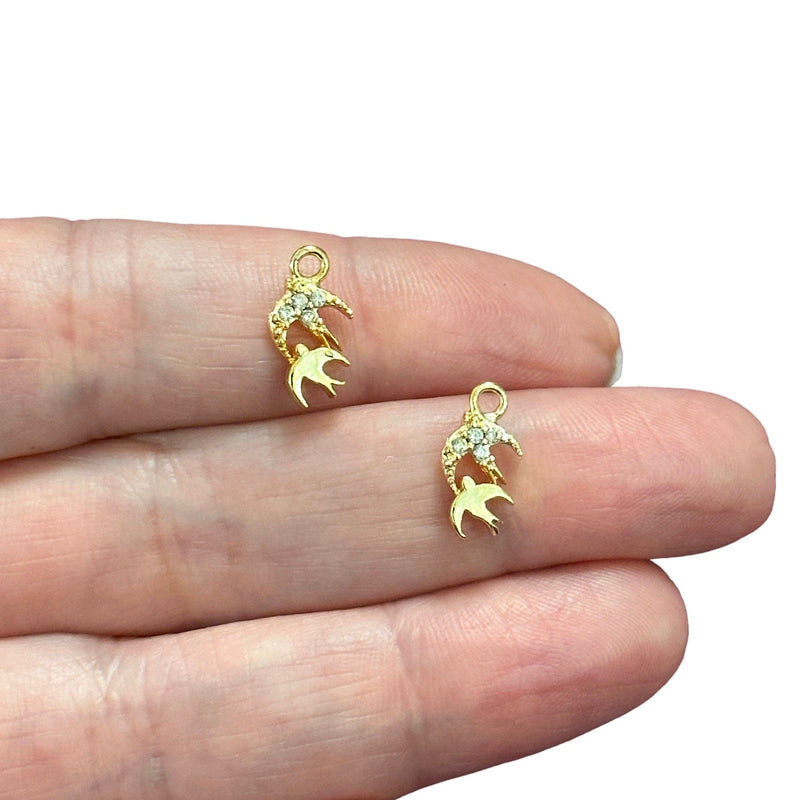 24Kt Gold Plated CZ Micro Pave Swallow Charms, 2 pcs in a pack