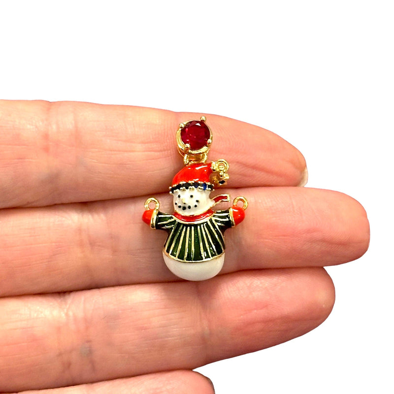 Snowman Charm, Gold Plated&Enamelled CZ Micro Pave and Ruby CZ Gold Bail