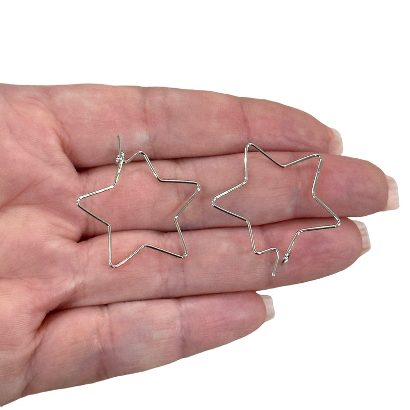 6 Pcs, Rhodium Plated Star Earring Hoops, 27mm,  Earring Blanks,