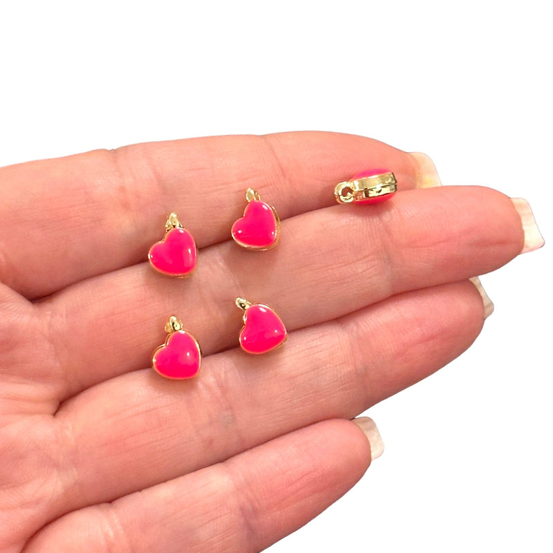 24Kt Gold Plated Double Side Neon Pink Enamelled Brass Heart Charms, 5 pcs in a pack