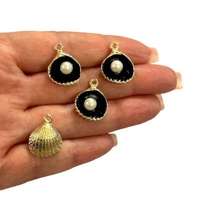 24Kt Gold Plated Black Enamelled Oyster Charms With Pearl, 4 pcs in a pack